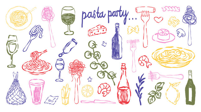 Hand drawn Italian homemade pasta retro vintage doodle vector. Drawing family dinner picnic breakfast supper wine macaro illustration.