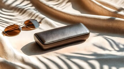 Sunglasses and case elegantly displayed on a luxurious fabric background in sunlight