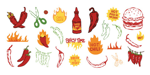 Hand drown set vactor spicy food. Shapes retro cartoon style condiments peppers chili red green hot sauce.