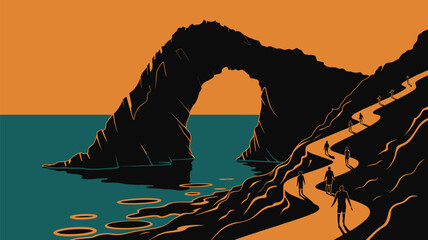 Fototapeta premium Illustration of people walking on a path near a rock formation by the sea at sunset time
