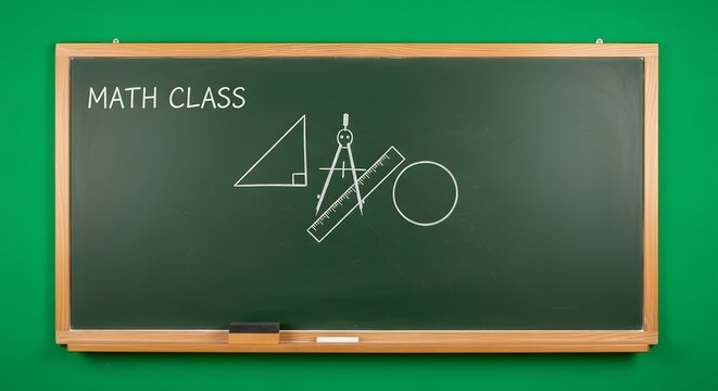 Math Class Blackboard with Geometric Shapes and Tools.