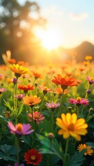 Golden Sunlight Bathes Vibrant Wildflower Field, Evoking Serenity, Joy, and Positivity
