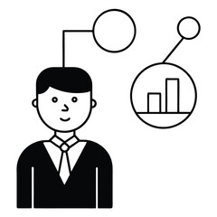 Vector cartoon illustration of a smiling businessman in a suit with a speech bubble icon, symbolizing a business idea or concept