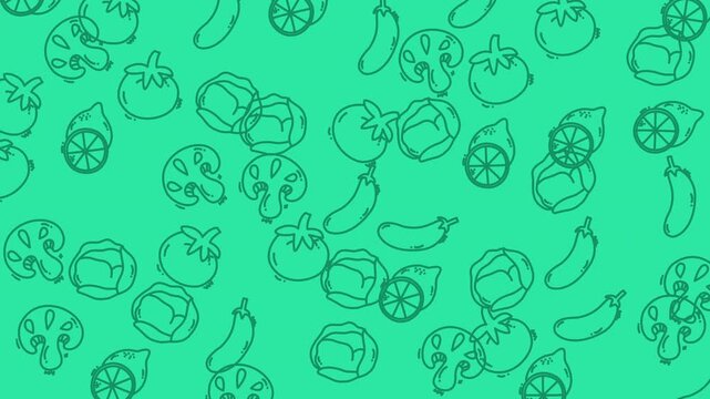 Allover pattern with vegetables on green background, perfect for print designs, food packaging, kitchen products, and healthy living themes.