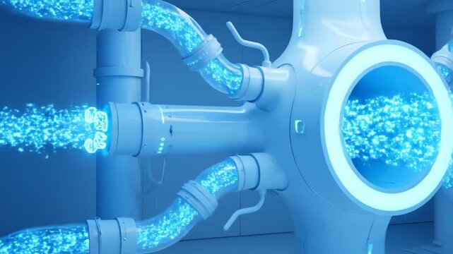 Abstract visualization of fluid flow through a complex network of transparent pipes with glowing blue particles
