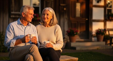 Senior couple outdoors enjoying coffee together, looking at each other with warm smiles. Senior couple is relaxing, holding mugs outside their home in golden evening light.