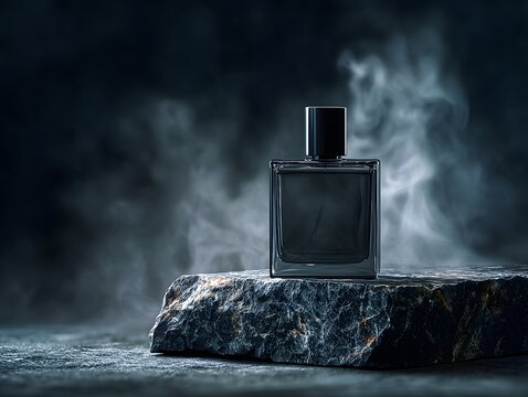 Elegant perfume bottle on a stone pedestal with a smoky dark background studio shot