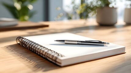 Silver pen resting on a spiral notebook on a bright wooden desk surface indoors