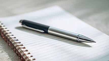 Silver pen resting on a notebook with lined paper in soft natural light setting