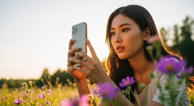 Asian woman with smartphone in field of flowers at sunset, Asian woman with smartphone taking photos during golden hour, surrounded by blossoms,