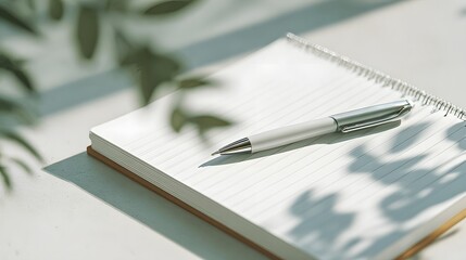 Silver pen resting on an open notebook with lines in soft natural light