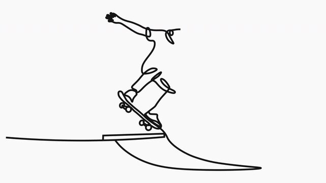 Animated self drawing of a people playing skateboarding at the skate park arena video illustration. Skateboard sport activity illustration in simple linear style video design concept continuous line.