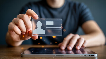 Person holding a transparent digital id card over a tablet satellite