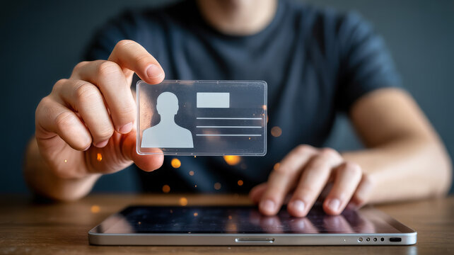 Person holding a transparent digital id card over a tablet satellite - Powered by Adobe