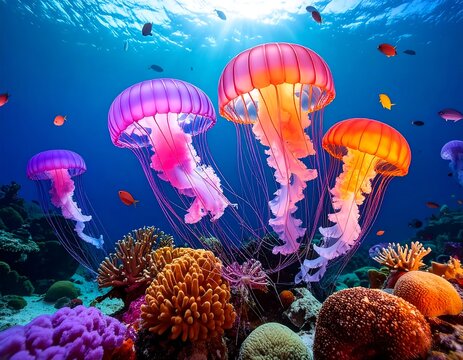 Underwater scene showcases colorful jellyfish and vibrant coral reefs - Powered by Adobe