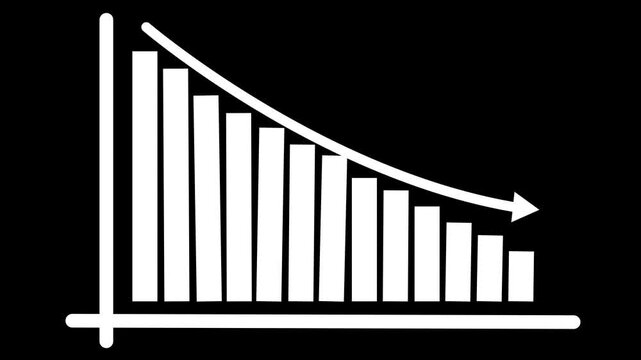 business graph chart down arrow animation on a black background. Financial, chart, loss, down.