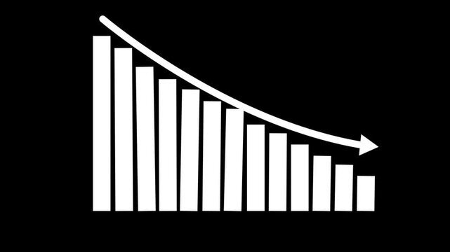 business graph chart down arrow animation on a black background. Financial, chart, loss, down.