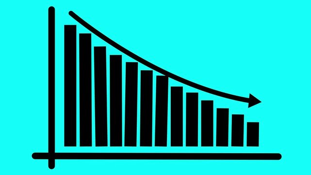 business graph chart down arrow animation on a Cyan color background. Financial, chart, loss, down.