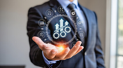 Businessman showing a holographic interface of growth satellite