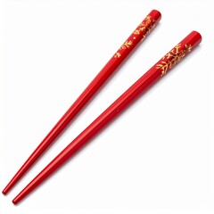 Pair of Red Chopsticks with Gold Embellishments on White Background