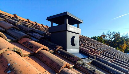 Black Metal Chimney Pot on Terracotta Roof Tiles Under Bright Blue Sky with Autumn Trees in Background
