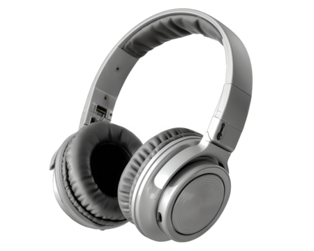 Modern silver over ear headphone gadget for enjoying audio and music. This sleek technology provides quality sound for personal relaxation. Isolated object perfect for design - Powered by Adobe