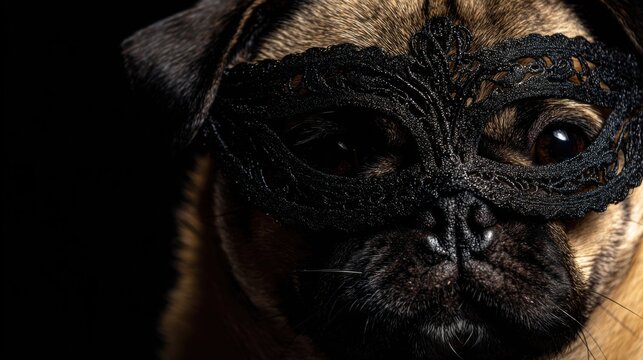pug dog wearing black lace mask