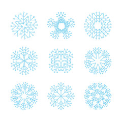 Vector set of white snowflakes on a white background. Details of the six-pointed snow. Illustration in flat design.