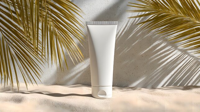 White cosmetic tube on sand with palm leaves casting shadows on textured wall
