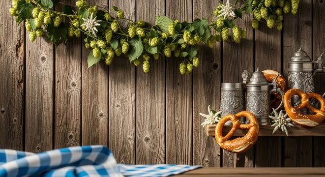 Traditional Oktoberfest Celebration with Pretzels and Hops Decoration