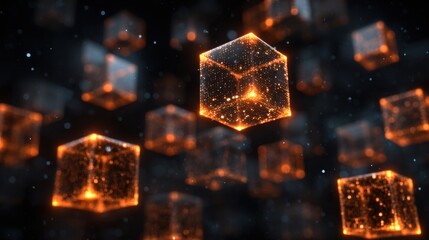 glowing orange digital data cubes floating,