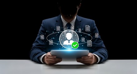 Businessman using digital tablet for data management and profile verification online