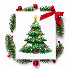 Watercolor Christmas Tree with Green Branches and Red Ornaments on White Backdrop