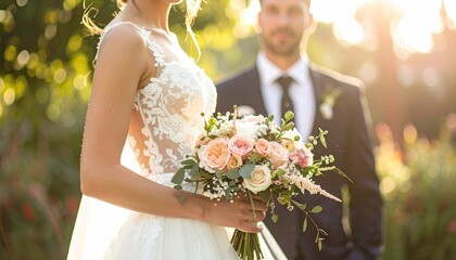 Bride holding floral bouquet with groom in background during golden hour outdoor wedding ceremony soft focus bokeh blur