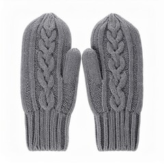 Pair of Knitted Wool Gray Mittens on White Background