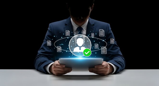 Businessman using digital tablet for data management and profile verification online