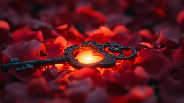 Heart-shaped key glowing amidst rose petals