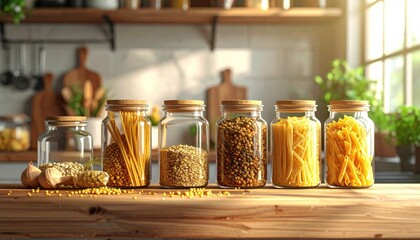 Arrangement of Dry Pasta Grains and Legumes in Glass Jars on a Wooden Countertop in a Sunlit Kitchen
