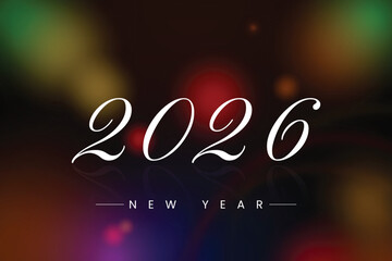 Artistic 2026 new year script in elegant font. Vibrant, multicolored blurred background creates a dynamic visual.