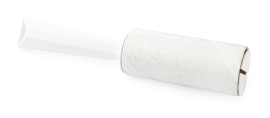 Lint roller with used sticky tape isolated on white