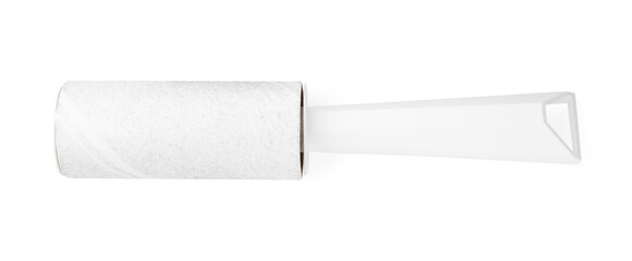 Lint roller with used sticky tape isolated on white, top view