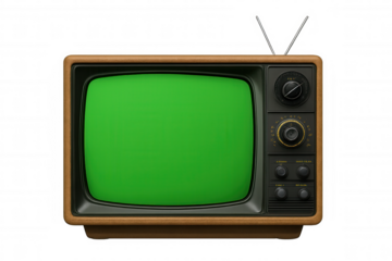 Retro vintage television with antenna and green screen for chroma key compositing, isolated with transparent background