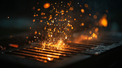 A close up shot of bright orange sparks flying from a grill in a dark and smoky environment