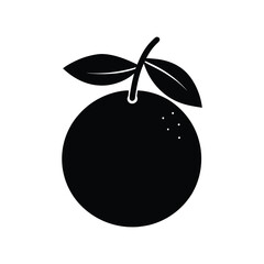 Black and white silhouette of a whole orange with two leaves on a stem, symbolizing healthy eating and natural freshness