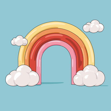 Illustration of Rainbow with Fluffy Clouds icon. Vector 3d Arch Isolated on Sky Color Background. Cute Cartoon for Summer Spring Season