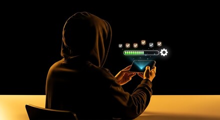 Hacker in hoodie with phone shows loading screen and checks