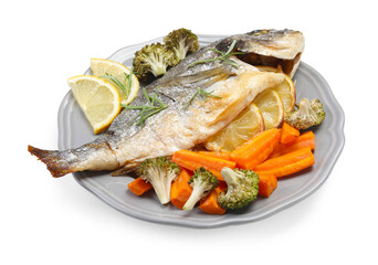Cooked fish, lemon and vegetables isolated on white