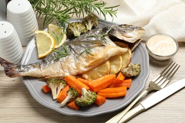 Cooked fish served with rosemary, lemon and vegetables on wooden table, closeup