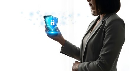 Woman using mobile phone with security shield and lock icon overlay