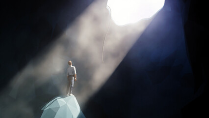 Man stuck in dark hole looking up at rope from sky opening, seeking help rescue and way out of darkness, surreal concept, 3d render